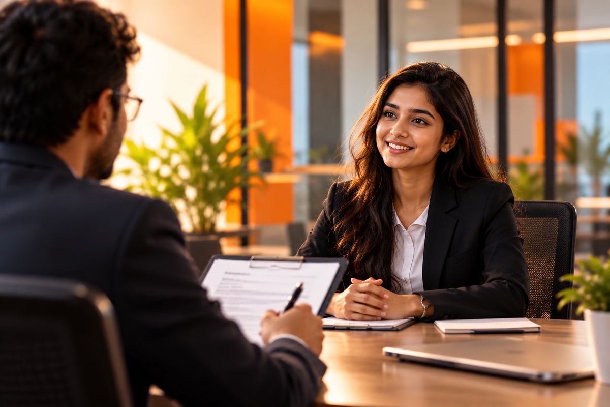 Fresher smiling confidently while answering an interviewer's questions at a desk