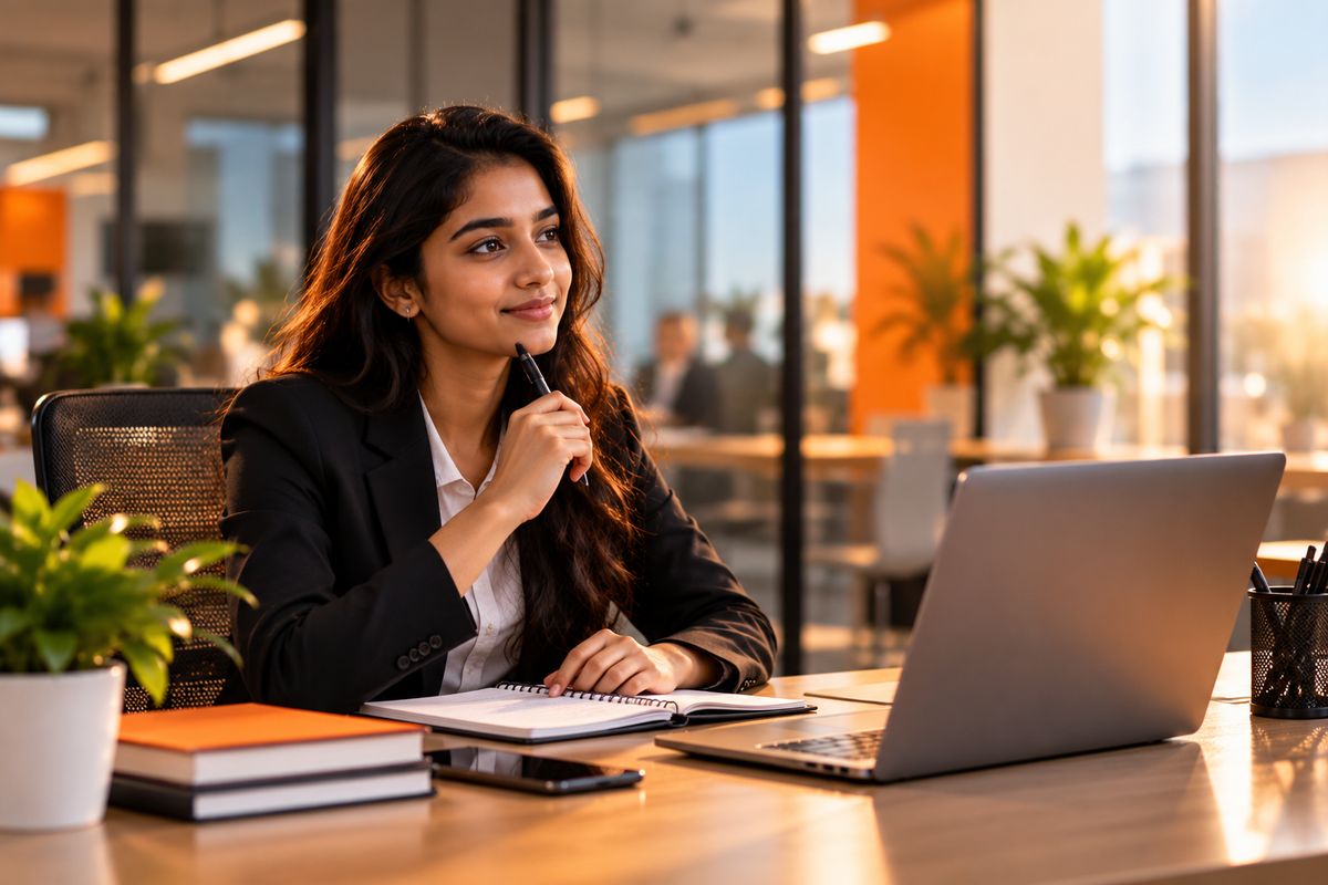 Young professional at a desk with a laptop and notebook, thinking through her interview preparation