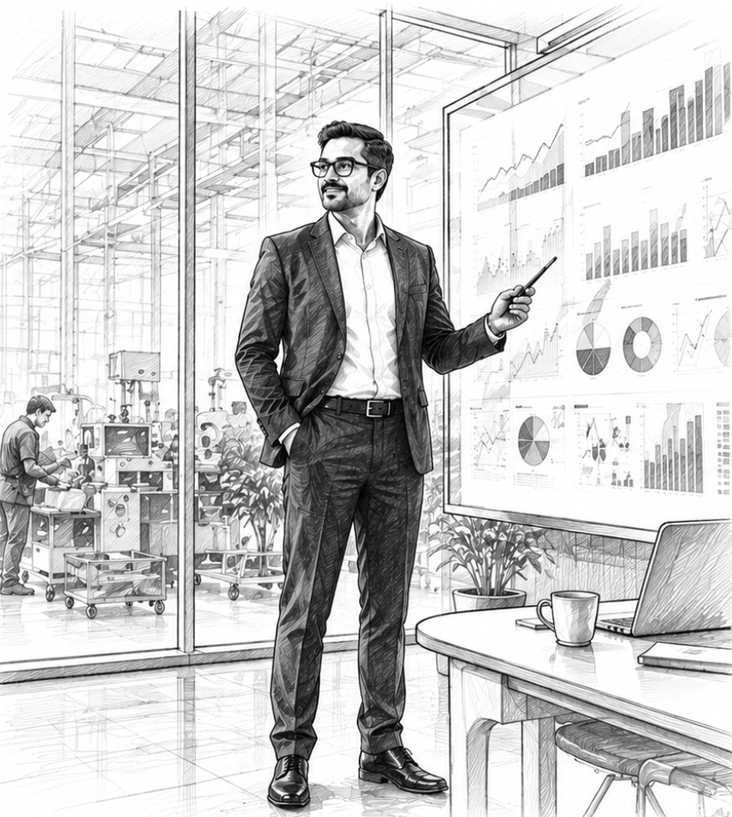 A business owner presenting hiring and growth analytics in a modern office