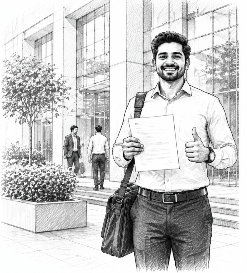 A young professional holding a job offer letter outside a modern corporate office